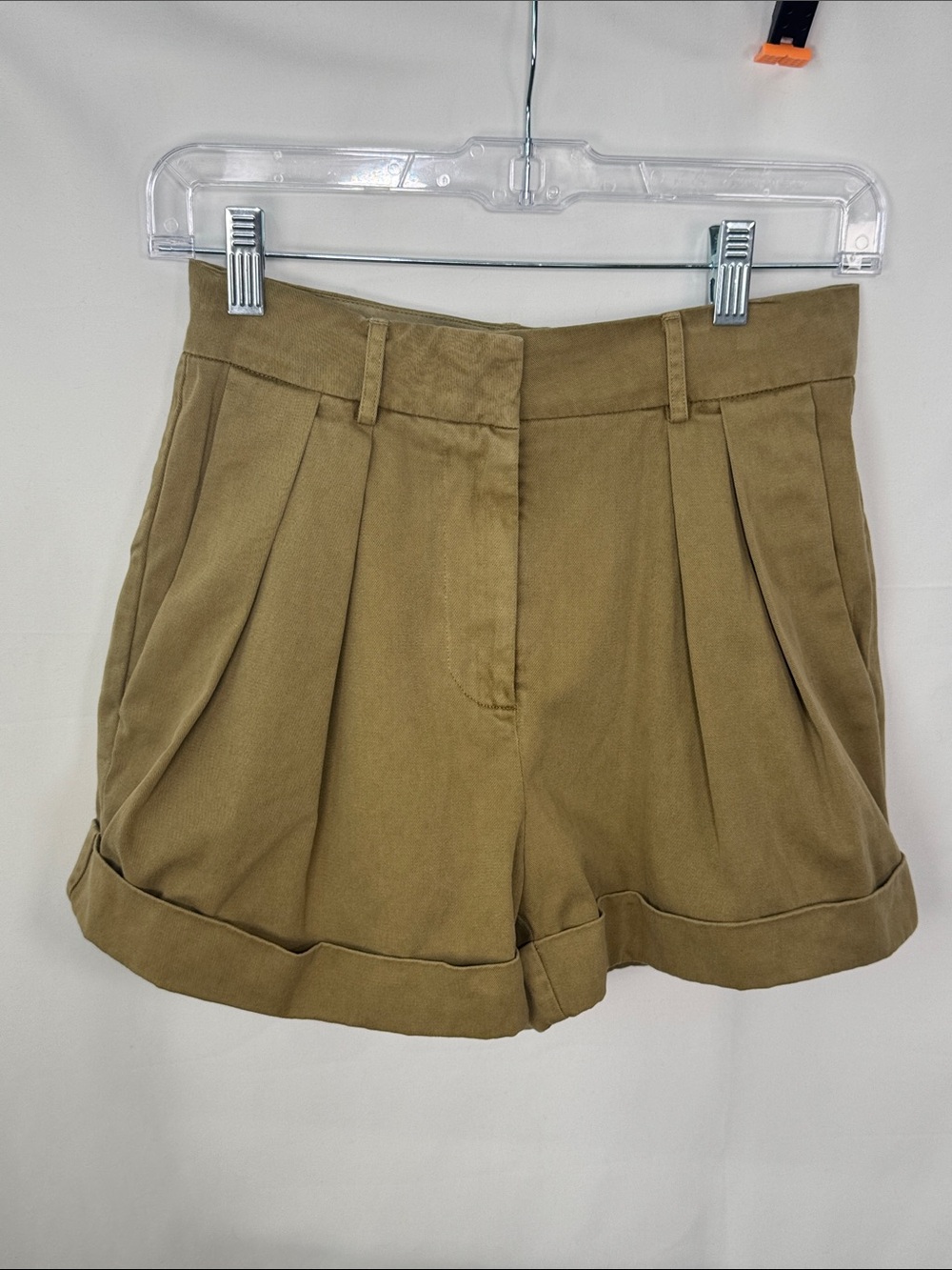STAUD Rosemary Luisa Khaki Pleated Cuffed Shorts Size 0